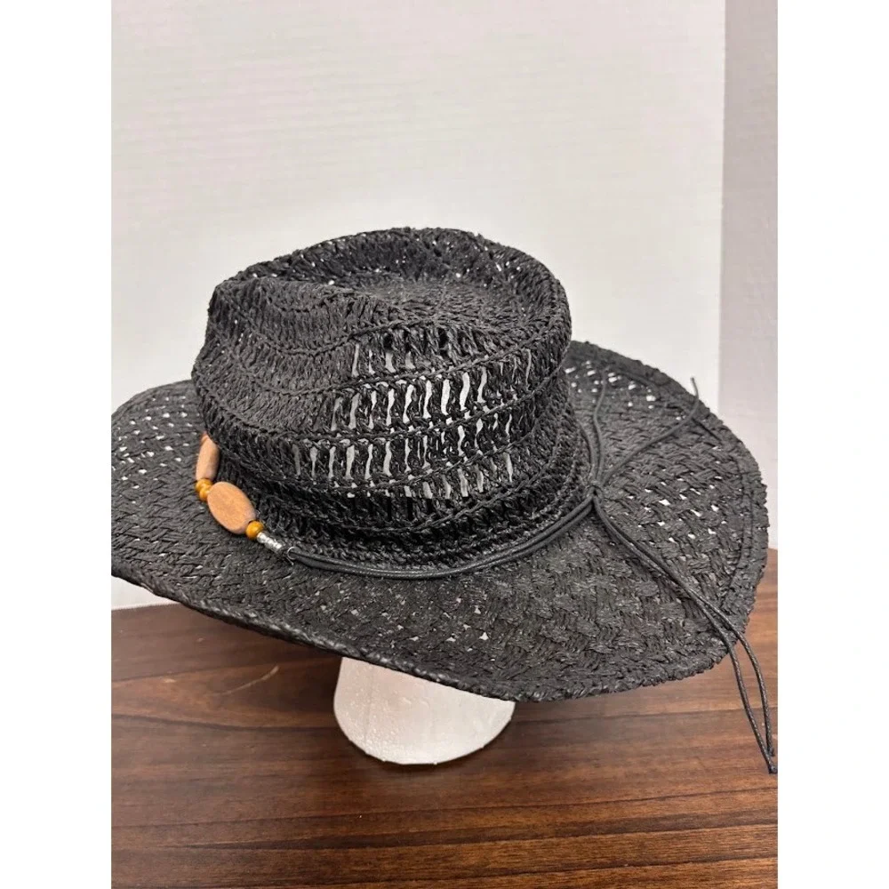 Goldcoast Sunwear Black Woven Cowboy Hat Wood Bead Band Boho Western One Size